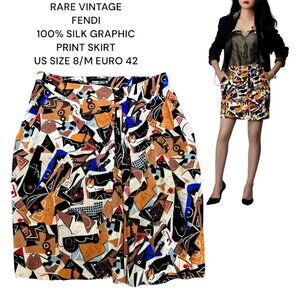 RARE AUTHENTIC FENDI LOGO GRAPHIC PRINT 100% SILK SKIRT US SIZE 8 M/EURO 42 EUC